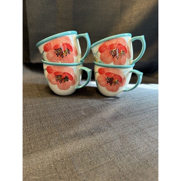 Pioneer Woman Vintage Flea Market Floral Turquoise 16 Oz Coffee Cups Mugs (4) - Picture 1 of 5